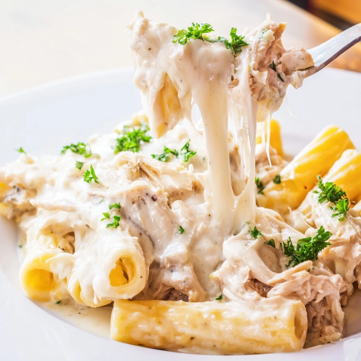 Rich, flavorful Slow Cooker Chicken Alfredo Pasta Bake with perfectly cooked pasta and tender chicken.