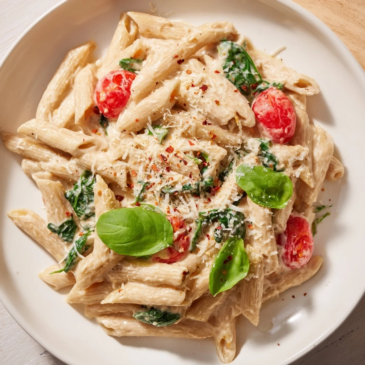 Close-up of creamy Cottage Cheese High-Protein Creamy Pasta with spinach, hinting at comfort and healthy eating.