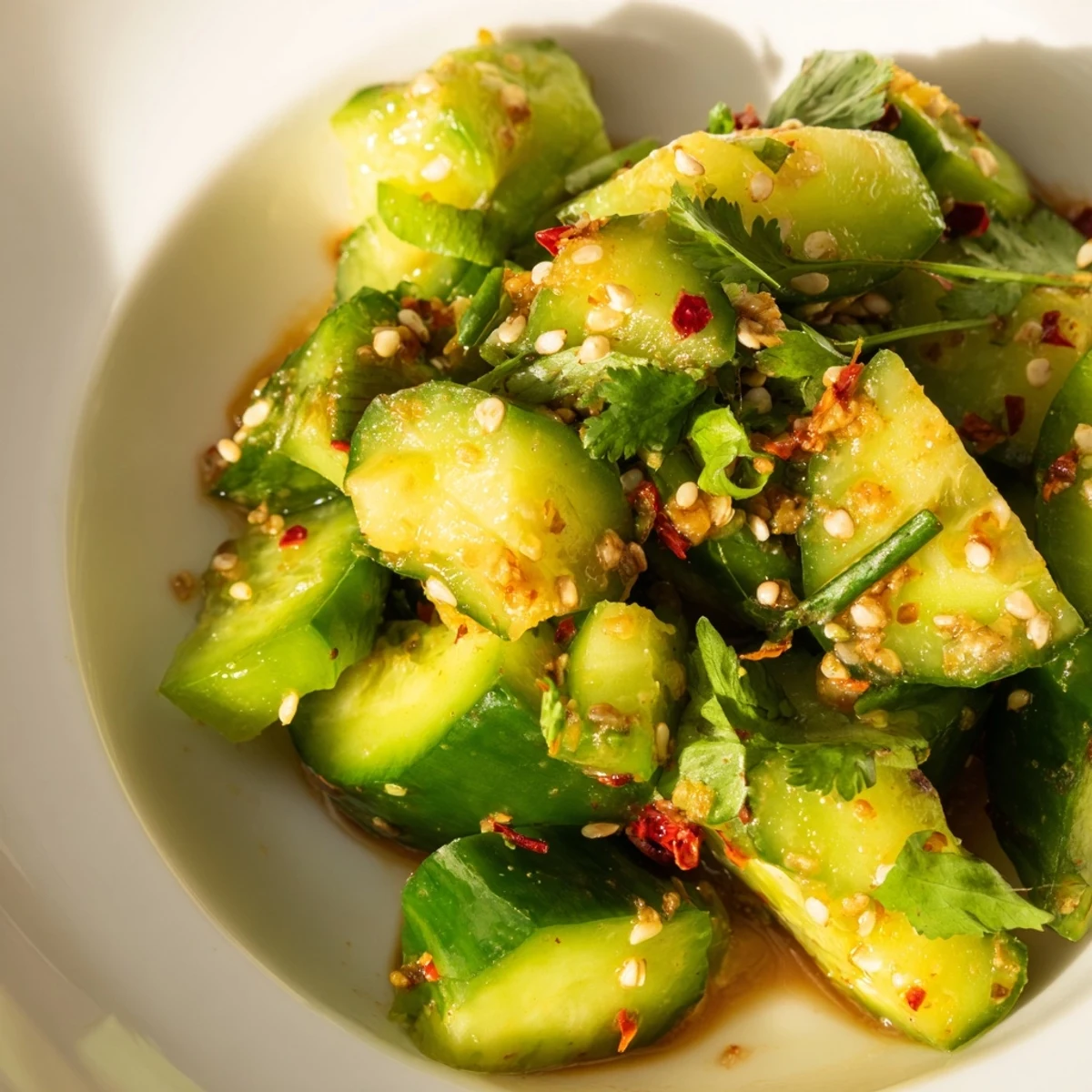 Close-up of Chinese Spicy Smashed Cucumber Salad: crunchy cucumbers glistening with fiery red dressing.