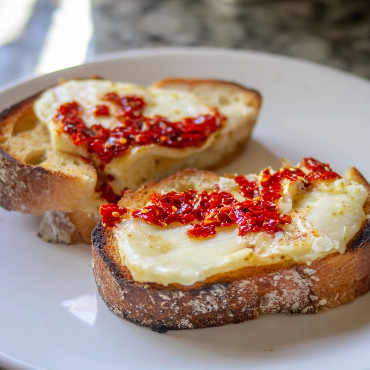 See the beautiful golden-brown Brie and Chili Crisp Grilled Cheese, ready for an amazing bite.