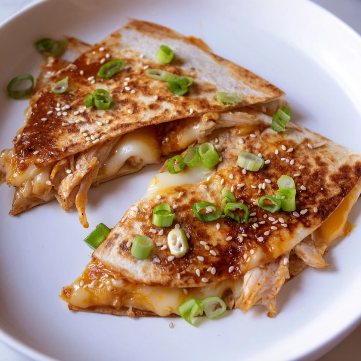 Crispy, golden-brown tortilla halves showcasing Korean BBQ Chicken Wrap Grilled Cheese's beautiful layers.