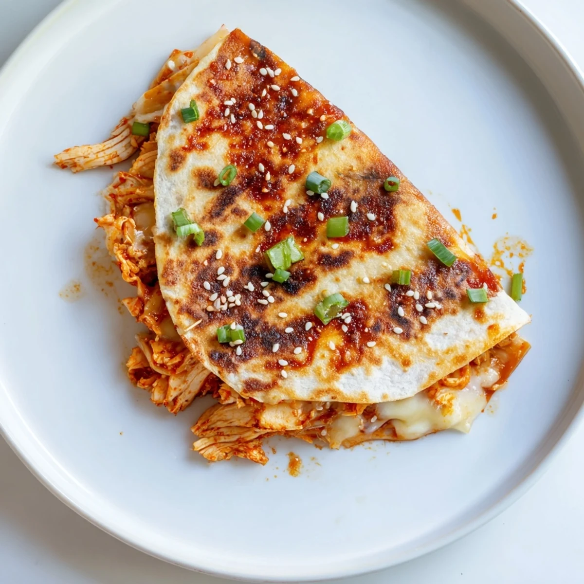 Golden Korean BBQ Chicken Wrap Grilled Cheese, oozing melted cheese and savory chicken filling.