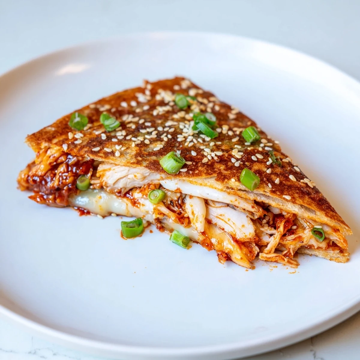 Melted cheese pull as a diner digs into a perfectly grilled Korean BBQ Chicken Wrap Grilled Cheese.