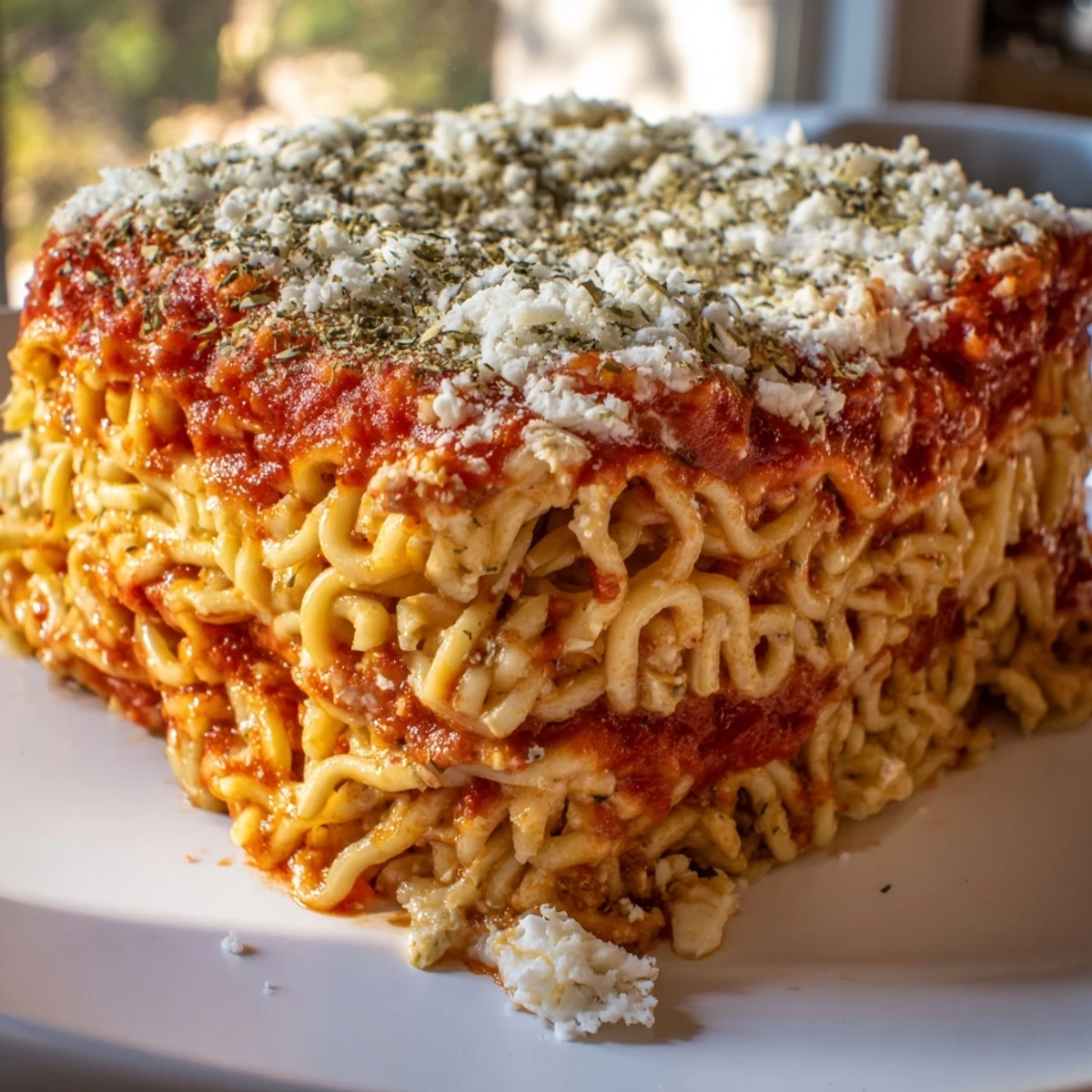A bubbly and cheesy Ramen Lasagna with golden, crispy edges, ready to eat.