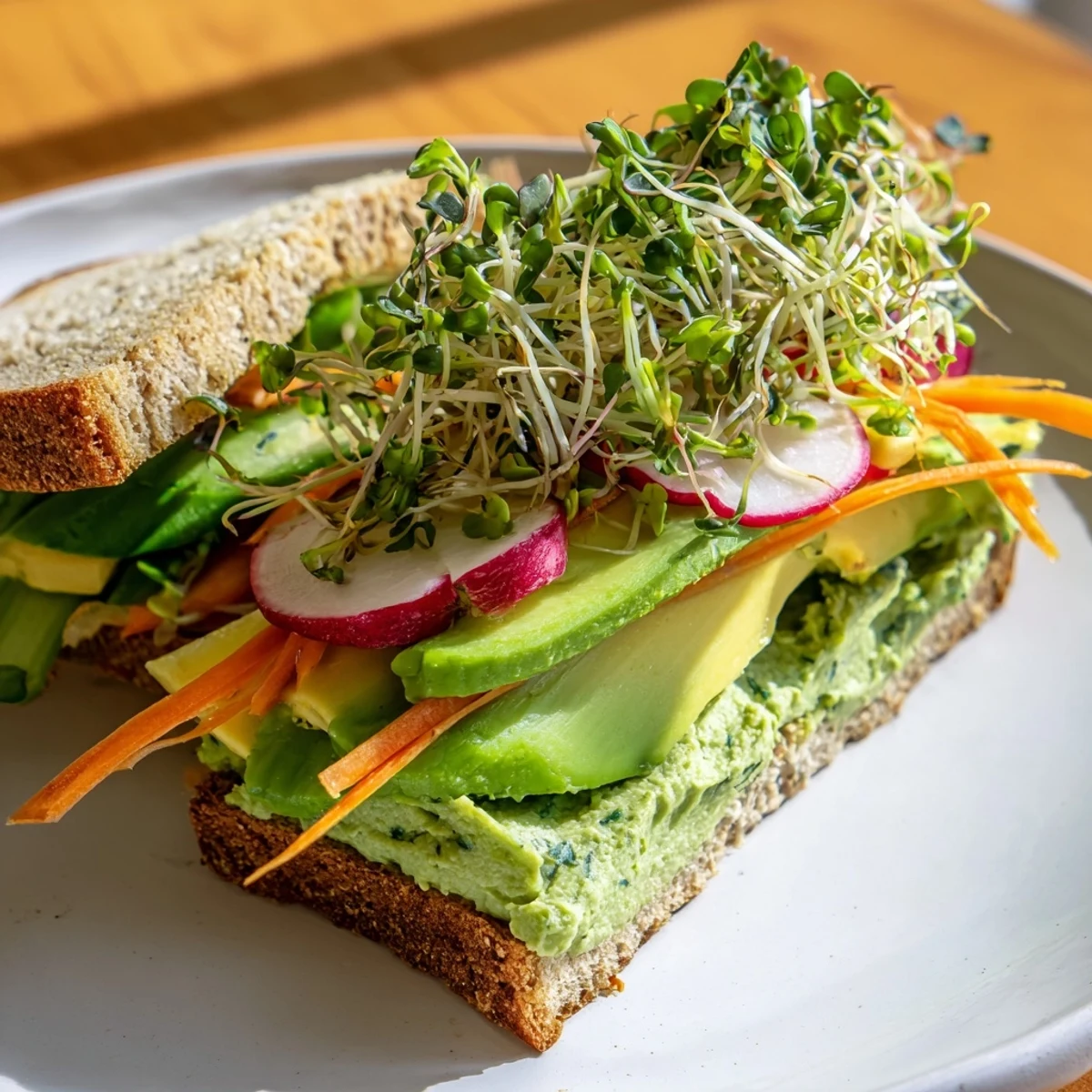 Freshly made Green Goddess Sandwich with creamy spread, vibrant veggies, and toasted bread.