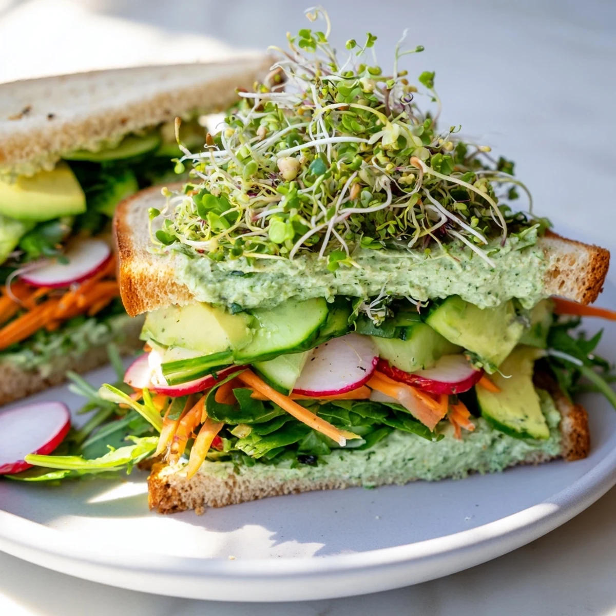 Close-up of a loaded Green Goddess sandwich, overflowing with colorful, healthy ingredients.