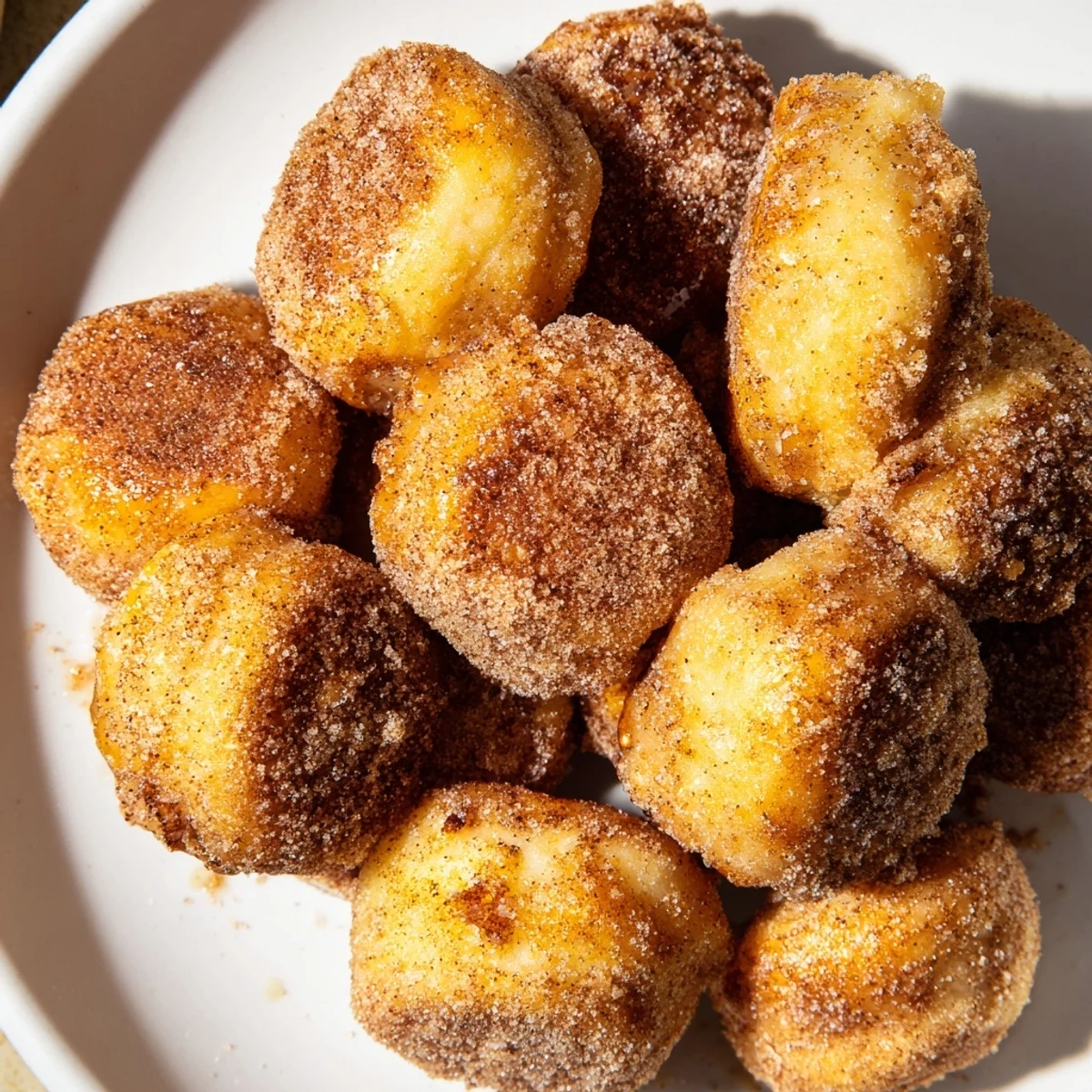 A close-up shot of freshly-made air fryer cinnamon donuts, invitingly soft and perfectly spiced.
