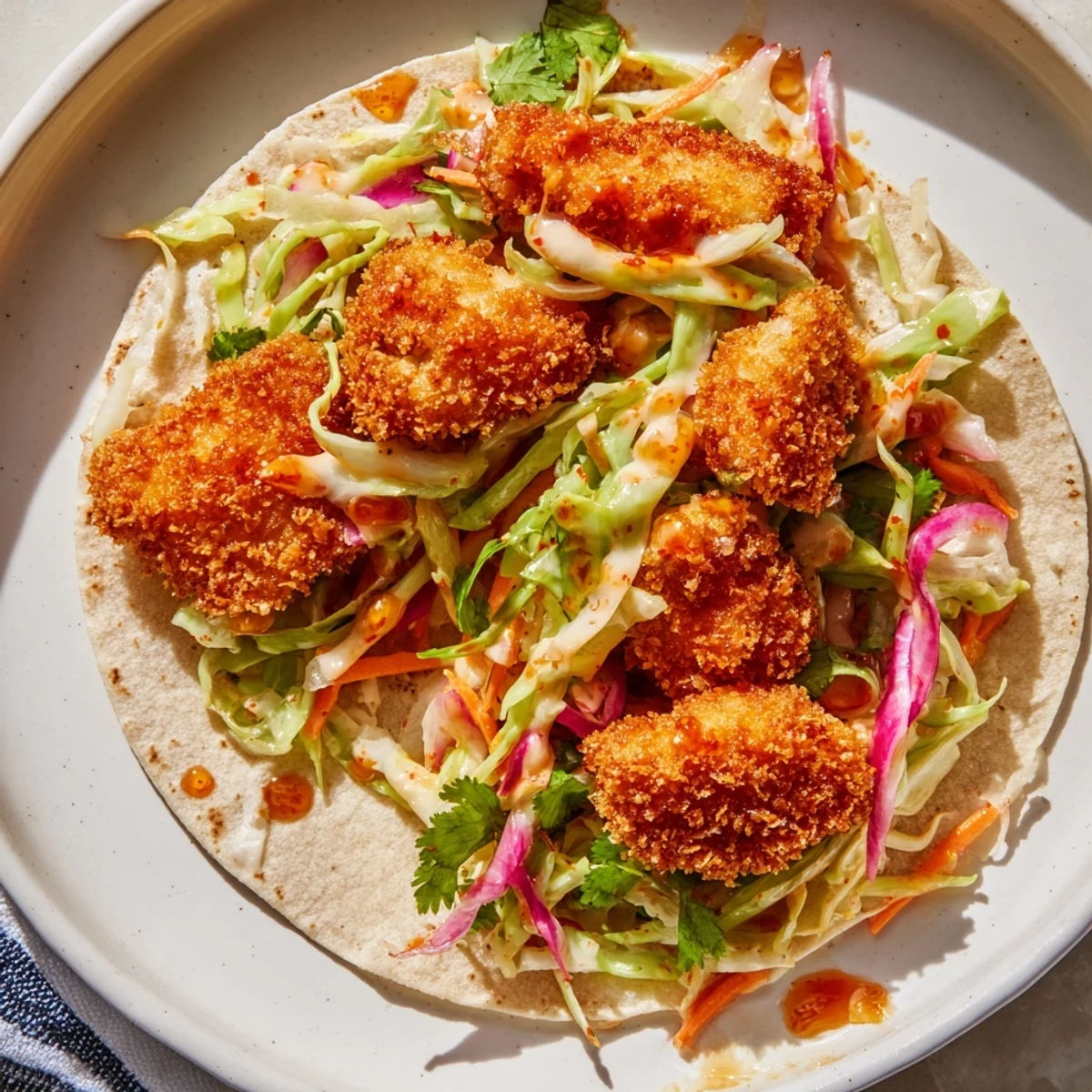 Golden, crispy Hot Honey Chicken Tacos with a bright, sweet-spicy glaze and fresh cilantro.
