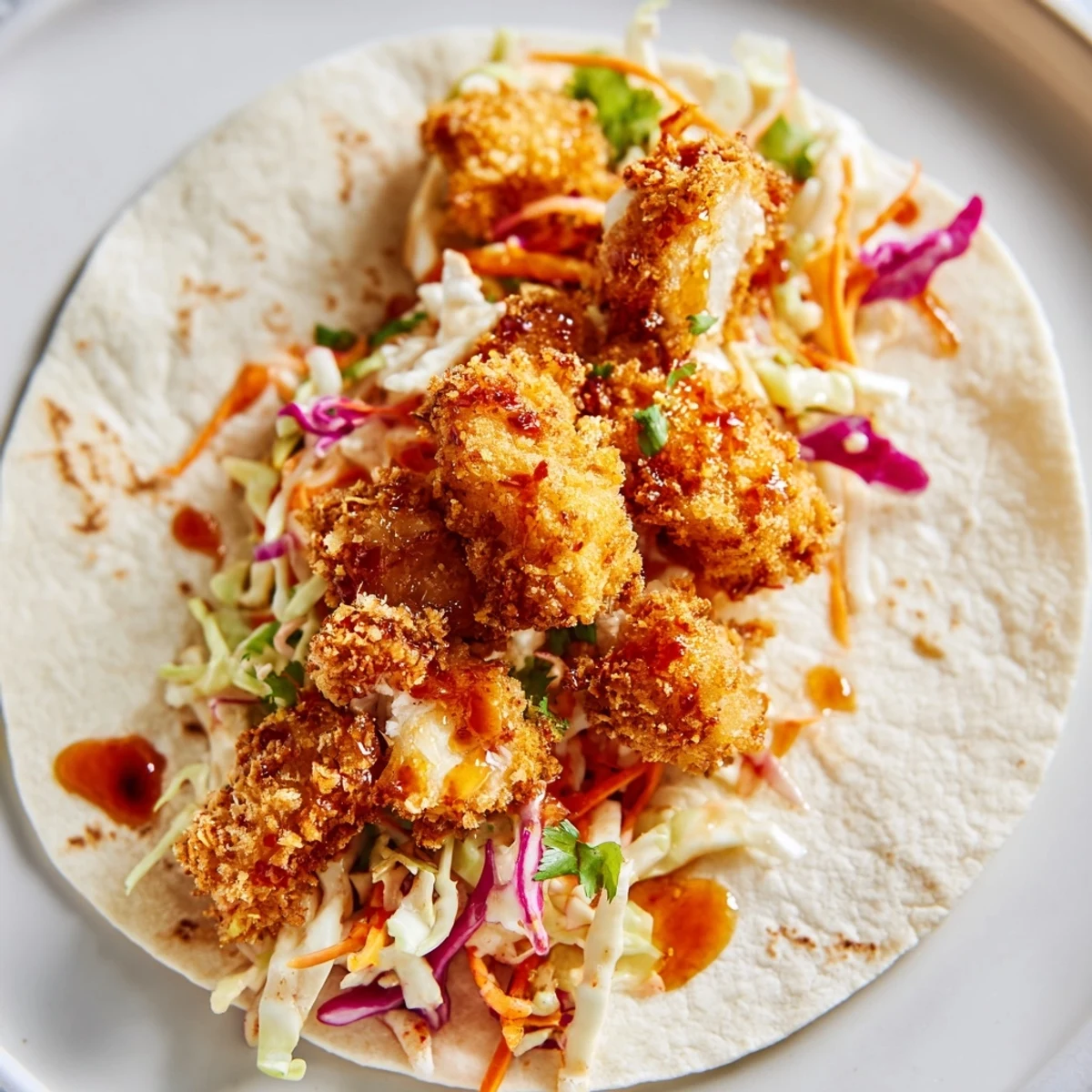 These mouthwatering Hot Honey Chicken Tacos feature perfectly fried chicken with a zesty slaw topping.