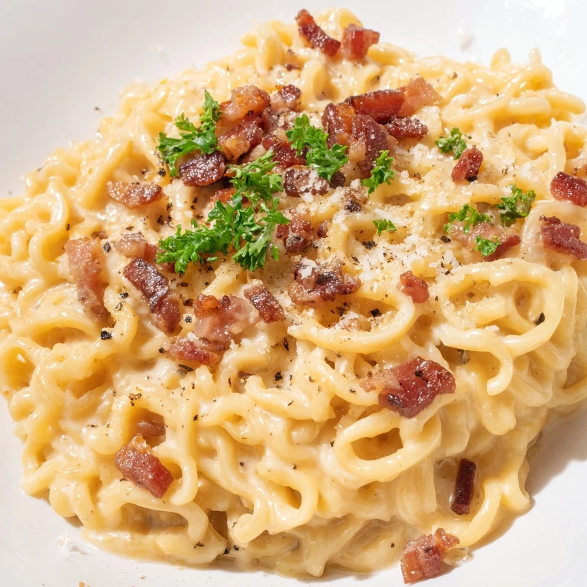 Creamy Ramen Carbonara Hack, a bowl of rich noodles coated in cheesy, egg sauce with bacon.