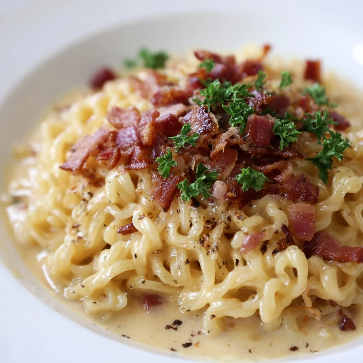 Savory Ramen Carbonara Hack, a fast and easy fusion dish served warm, ready to enjoy immediately.