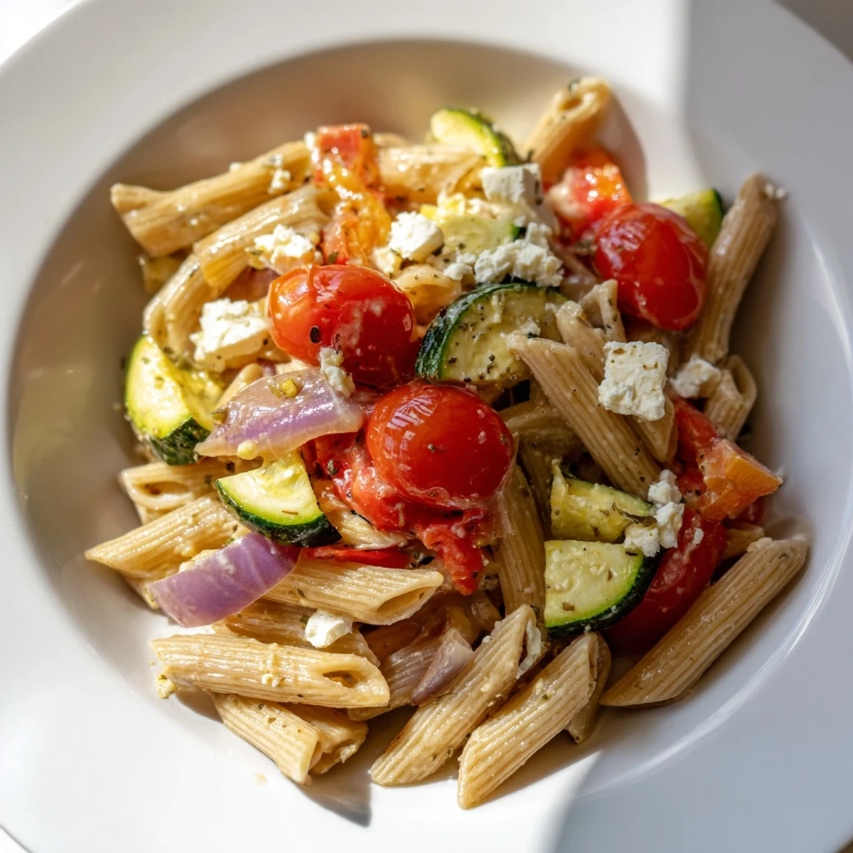 Creamy baked feta pasta 2.0 with roasted vegetables, a vibrant, savory meal ready to enjoy.