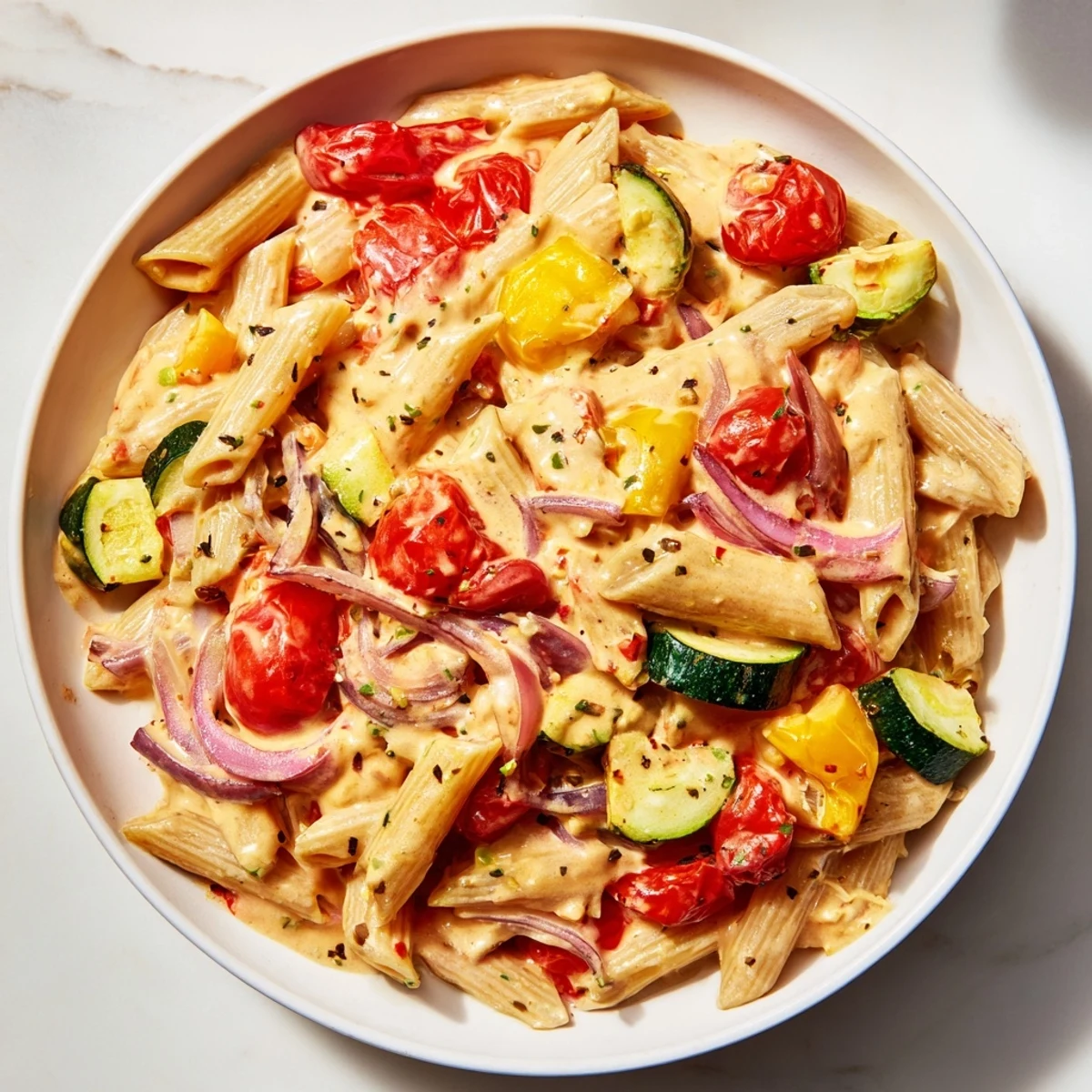 Golden-baked feta nestles amongst colorful vegetables; this lighter feta pasta offers fresh flavors.