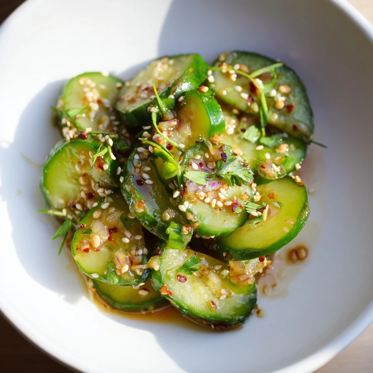 Zesty Shake Cucumber Salad, a vibrant mix of sliced cucumbers, ready to be shaken and chilled.