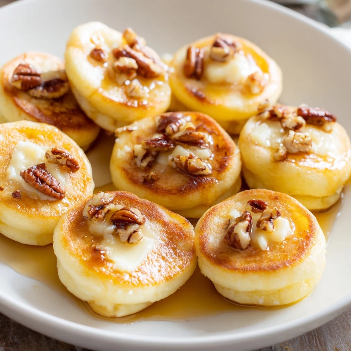 Golden-brown Pancake Brie Bites are a delicious appetizer bursting with melted brie cheese inside.