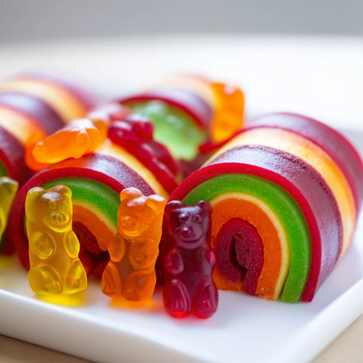 Vibrant Rainbow Candy Roll Ups, a delicious snack with layers of chewy fruit roll-ups and colorful gummy candies.