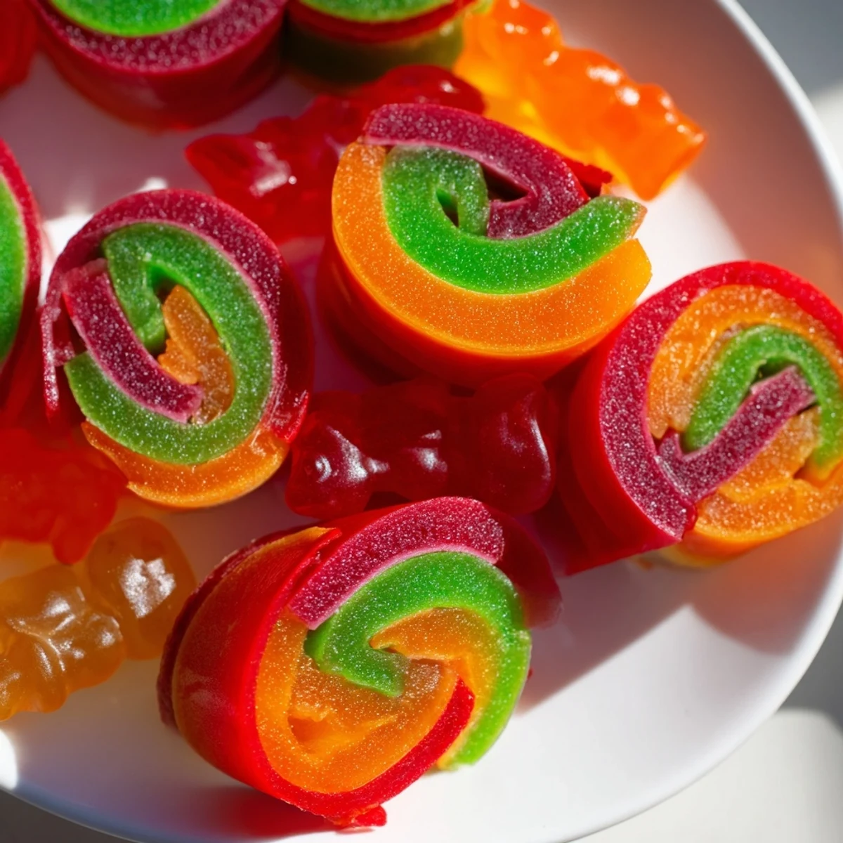 Close-up of Rainbow Candy Roll Ups showing the bright spiral of fruity roll-ups and gummy fillings.
