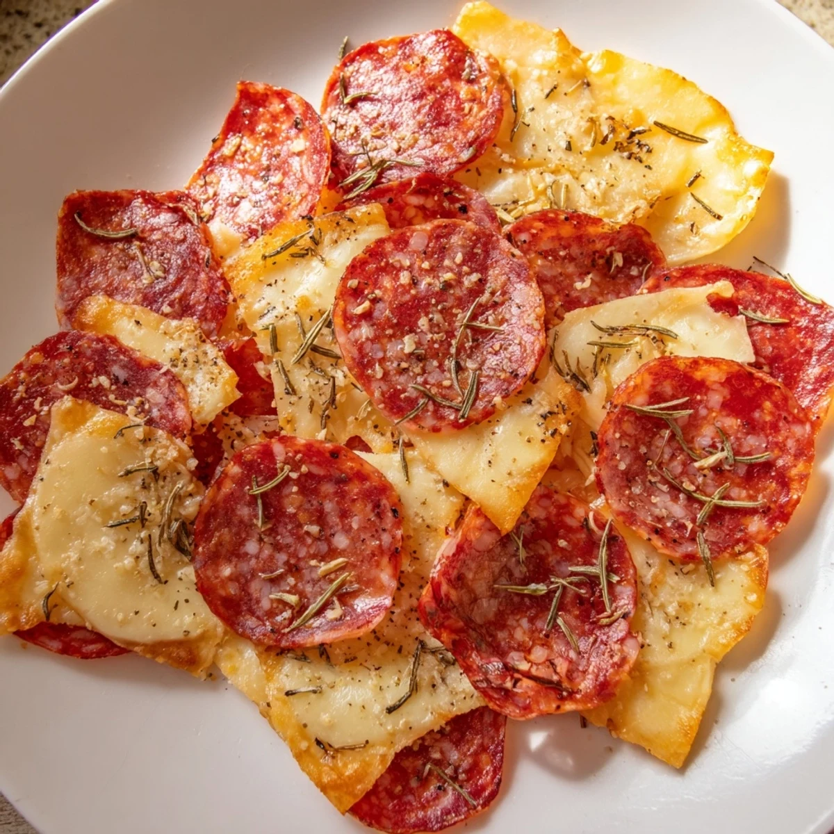 Crispy charcuterie chips, a beautiful platter loaded with savory baked meat and cheese snacks.