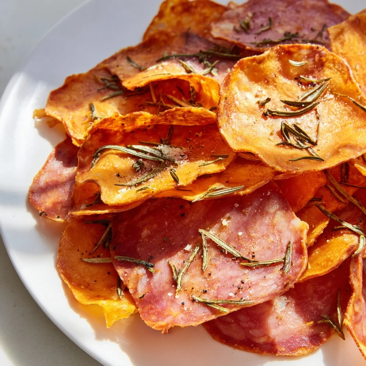 Delicious homemade charcuterie chips: a low-carb appetizer with perfectly baked, crunchy textures and flavors.