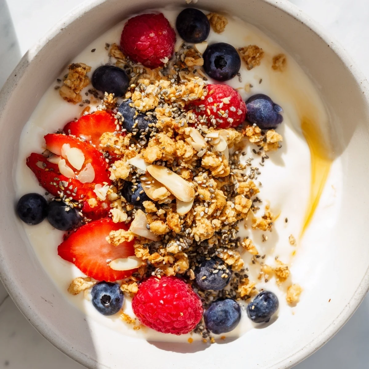 Creamy Dry Yogurt Bowl layered with granola and topped with juicy mixed berries for a vibrant breakfast.
