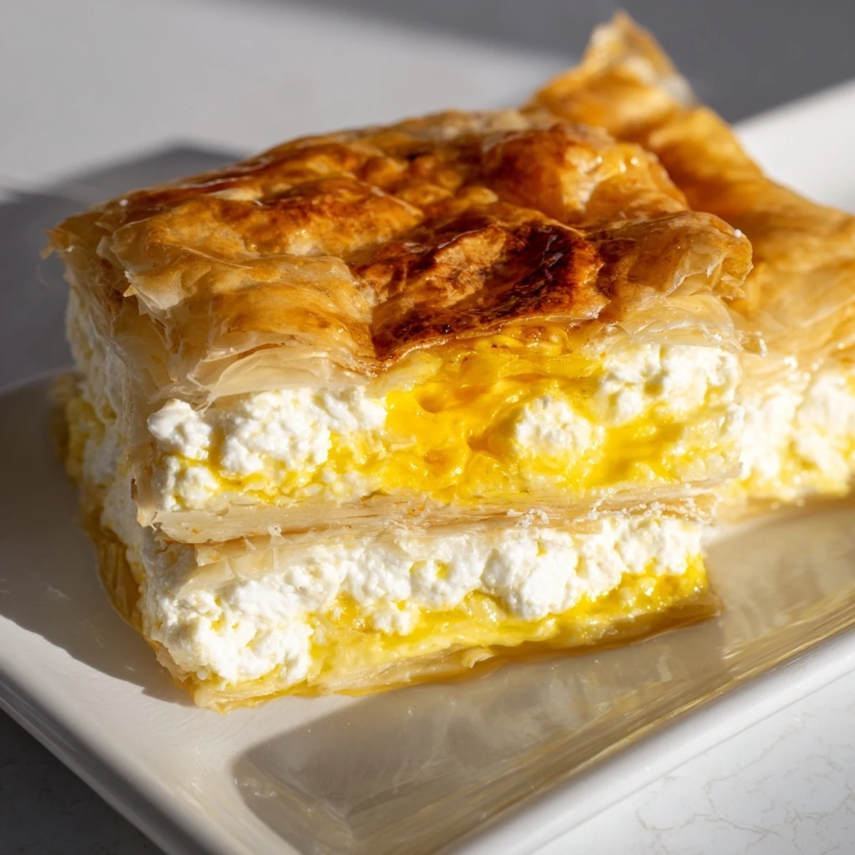 Golden, flaky Serbian Gibanica pie sliced and ready with a creamy, savory cheese filling visible.