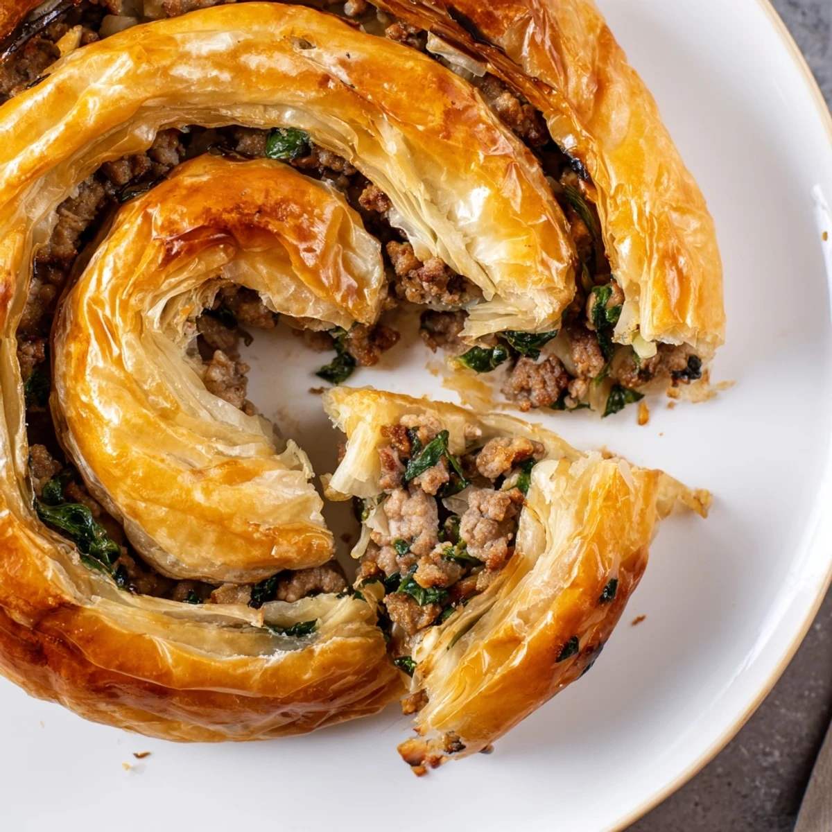Golden, flaky Bosnian Burek pastry spiral filled with savory ground beef and spinach, ready to serve.
