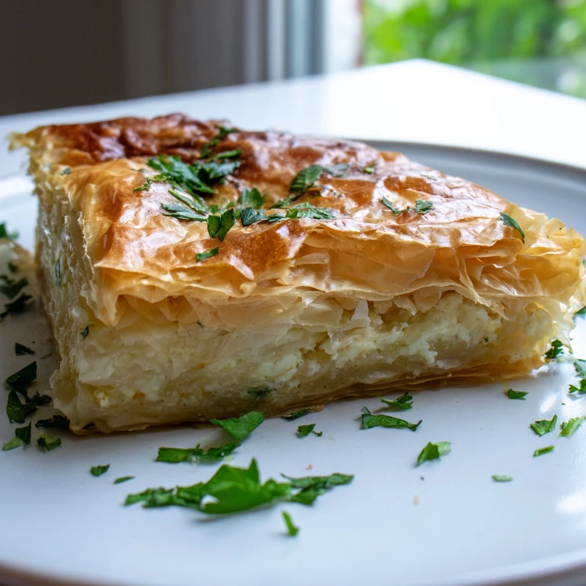 Golden-brown Bulgarian Banitsa, a savory pastry with flaky layers and creamy feta filling, ready to serve.