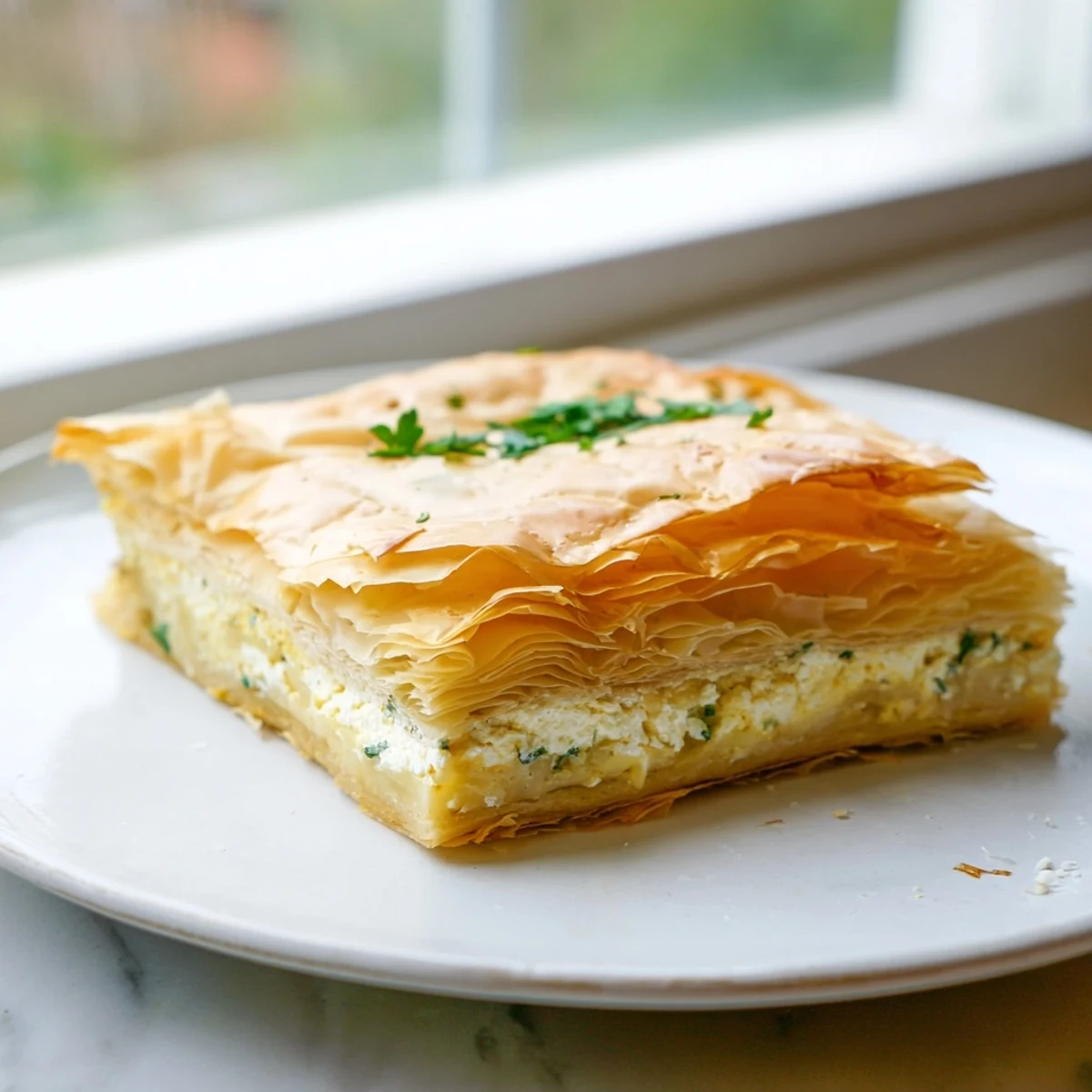 Flaky, layered Bulgarian Banitsa, delicious feta and egg baked inside, perfect for a hearty breakfast.
