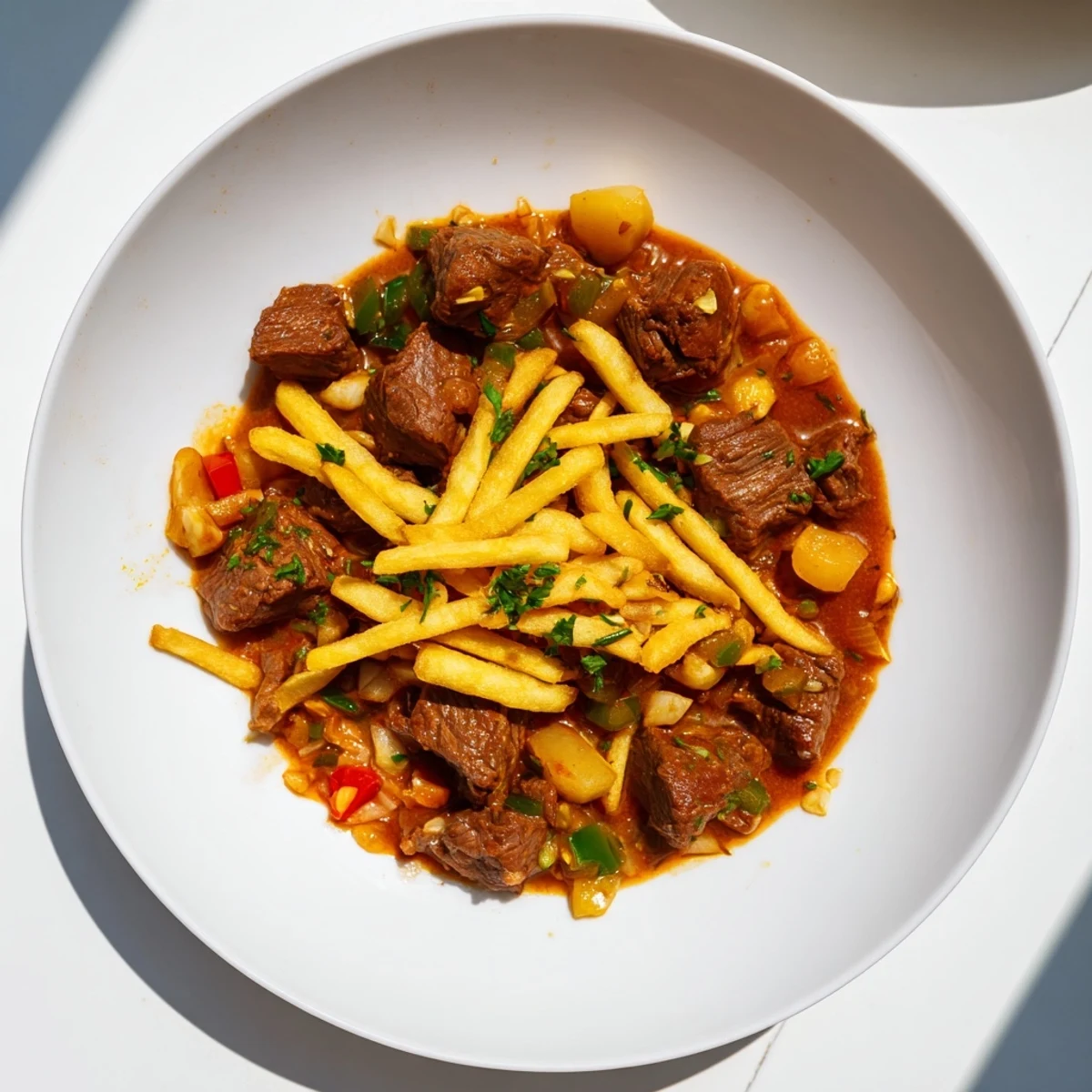 Tender beef and golden potato strips in a bowl of flavorful Czech Goulash, ready to enjoy.