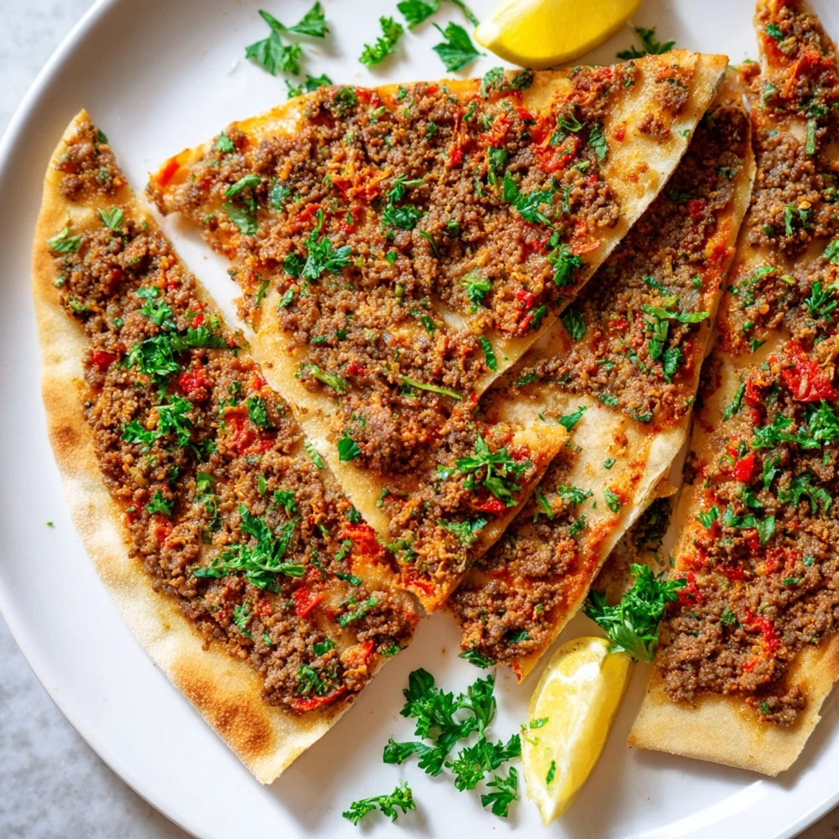 A freshly-baked Turkish Lahmacun with crispy edges, topped with savory spiced meat and veggies.
