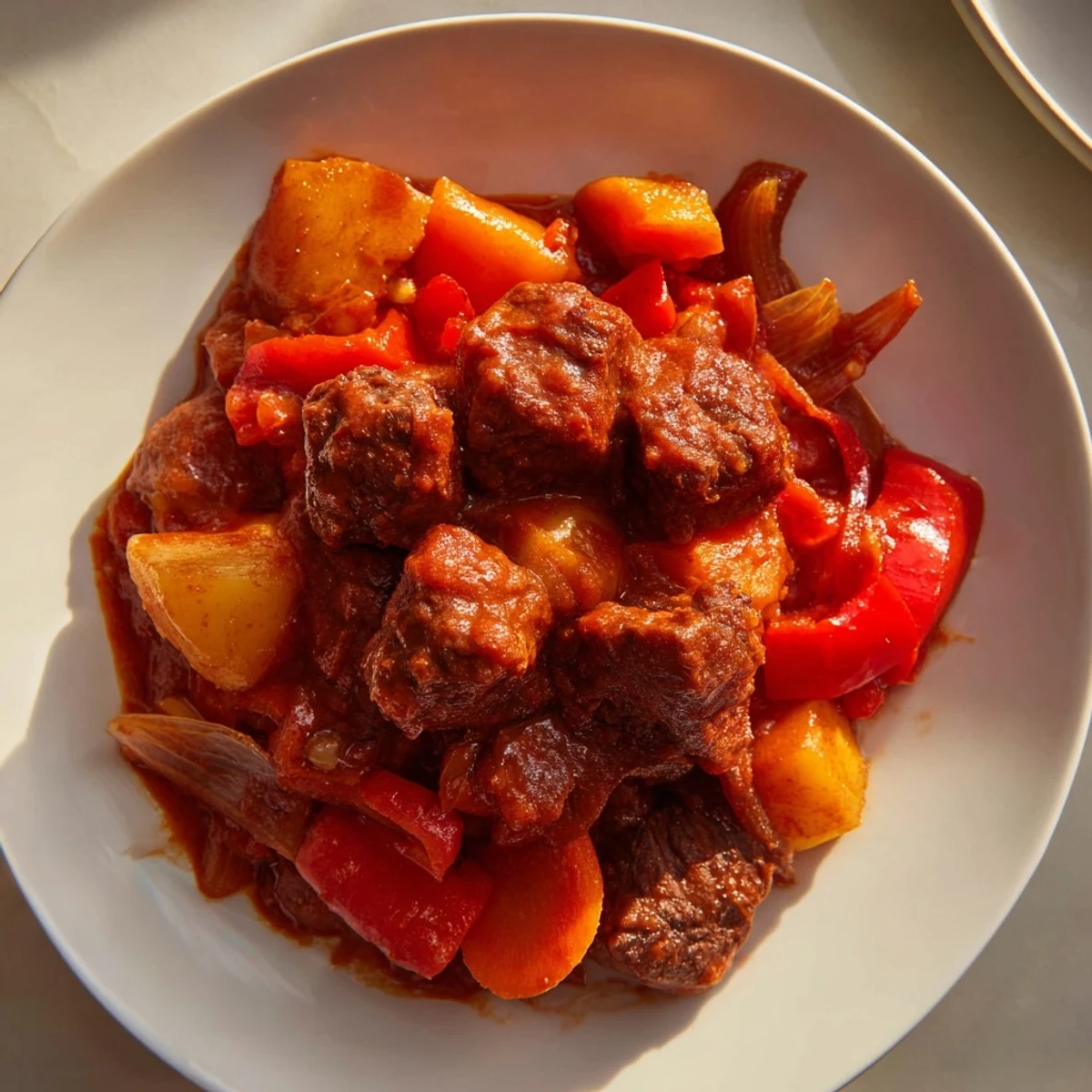 Hearty Hungarian Goulash stew, a thick, rich stew filled with savory beef and spices, perfect for dinner.