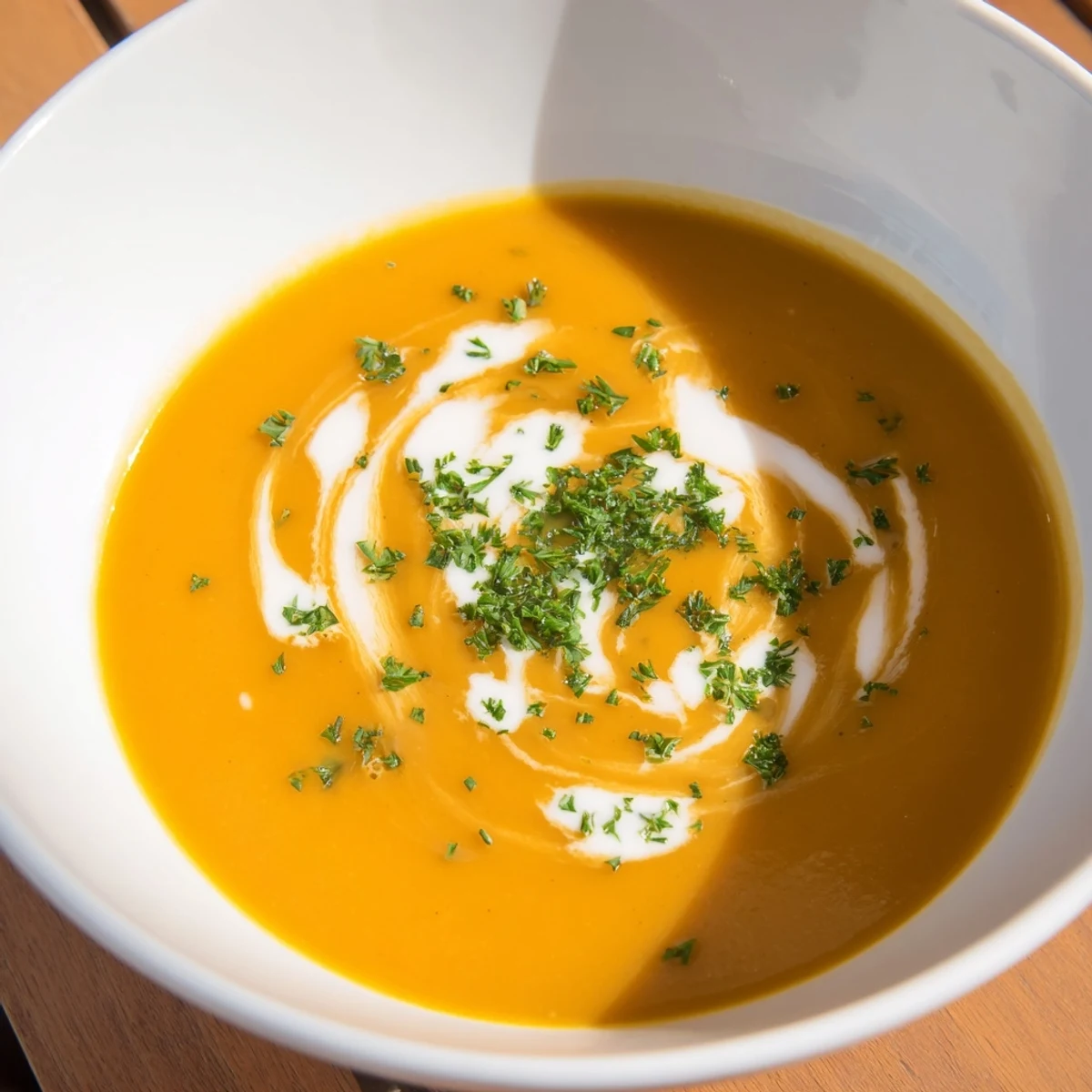 A steaming bowl of vibrant carrot creamy soup, garnished with fresh herbs, ready to enjoy.