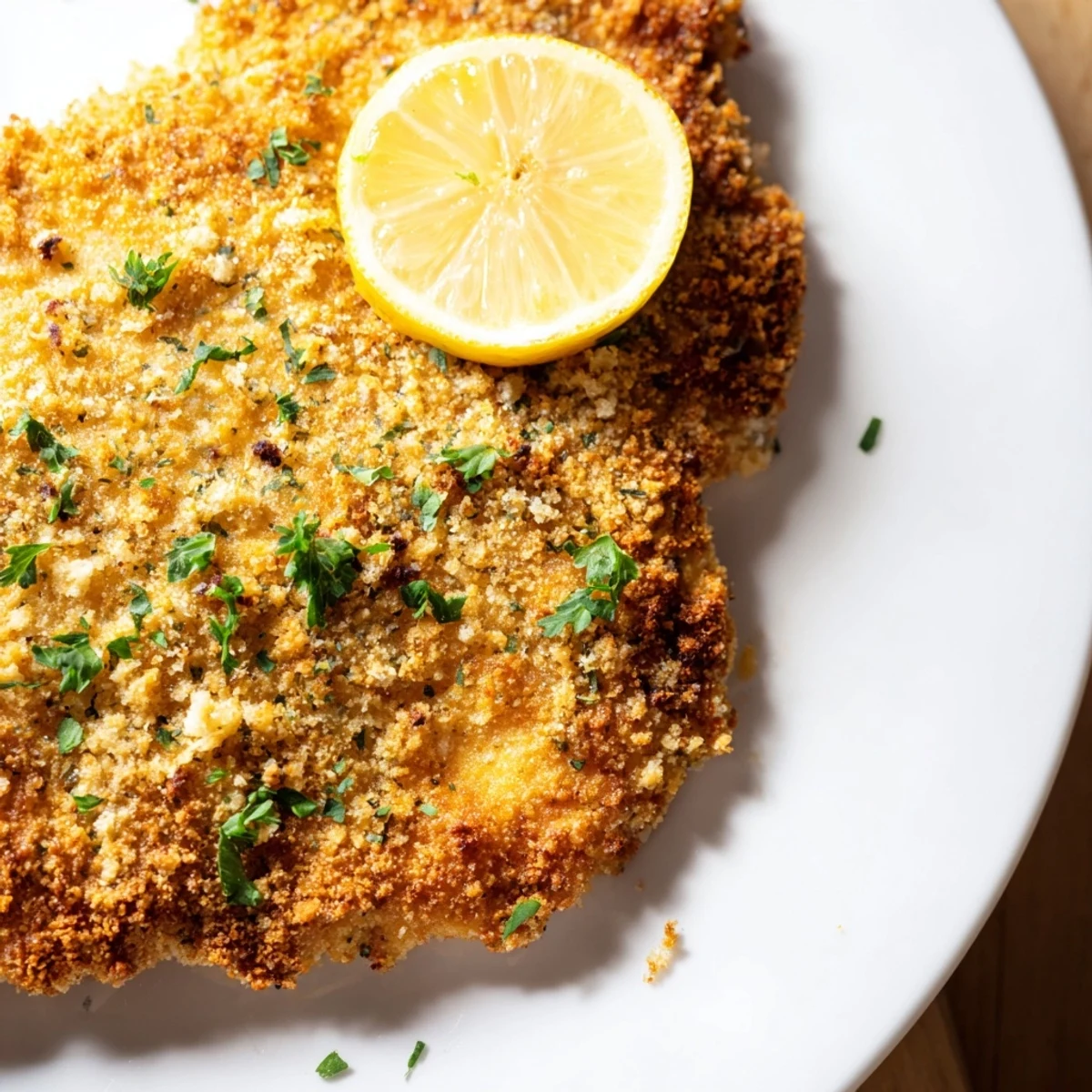 Golden, crispy Parmesan chicken cutlet, perfectly pan-fried and ready to serve with fresh lemon wedges.