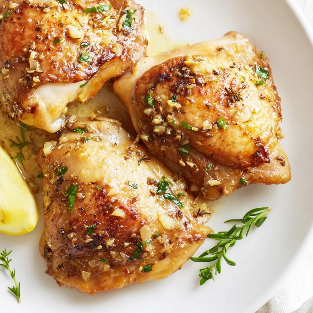 Succulent Garlic Butter Chicken Thighs, with herbs nestled inside the crispy skin, waiting to be served.