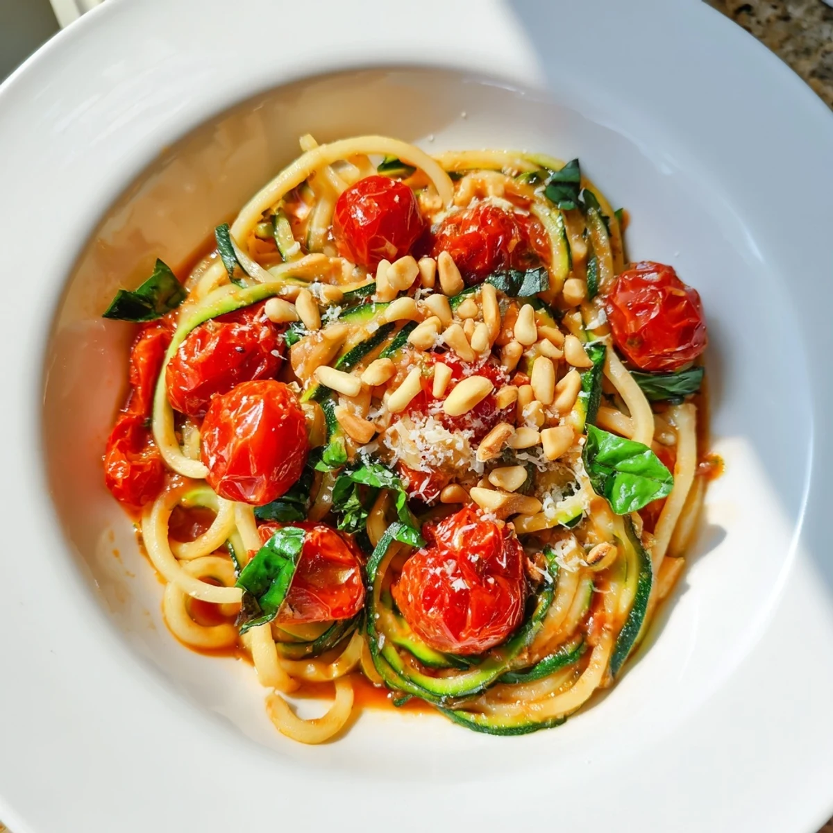 Sizzling zucchini noodle variations, tossed with vibrant tomato basil sauce, and sprinkled with fresh herbs.