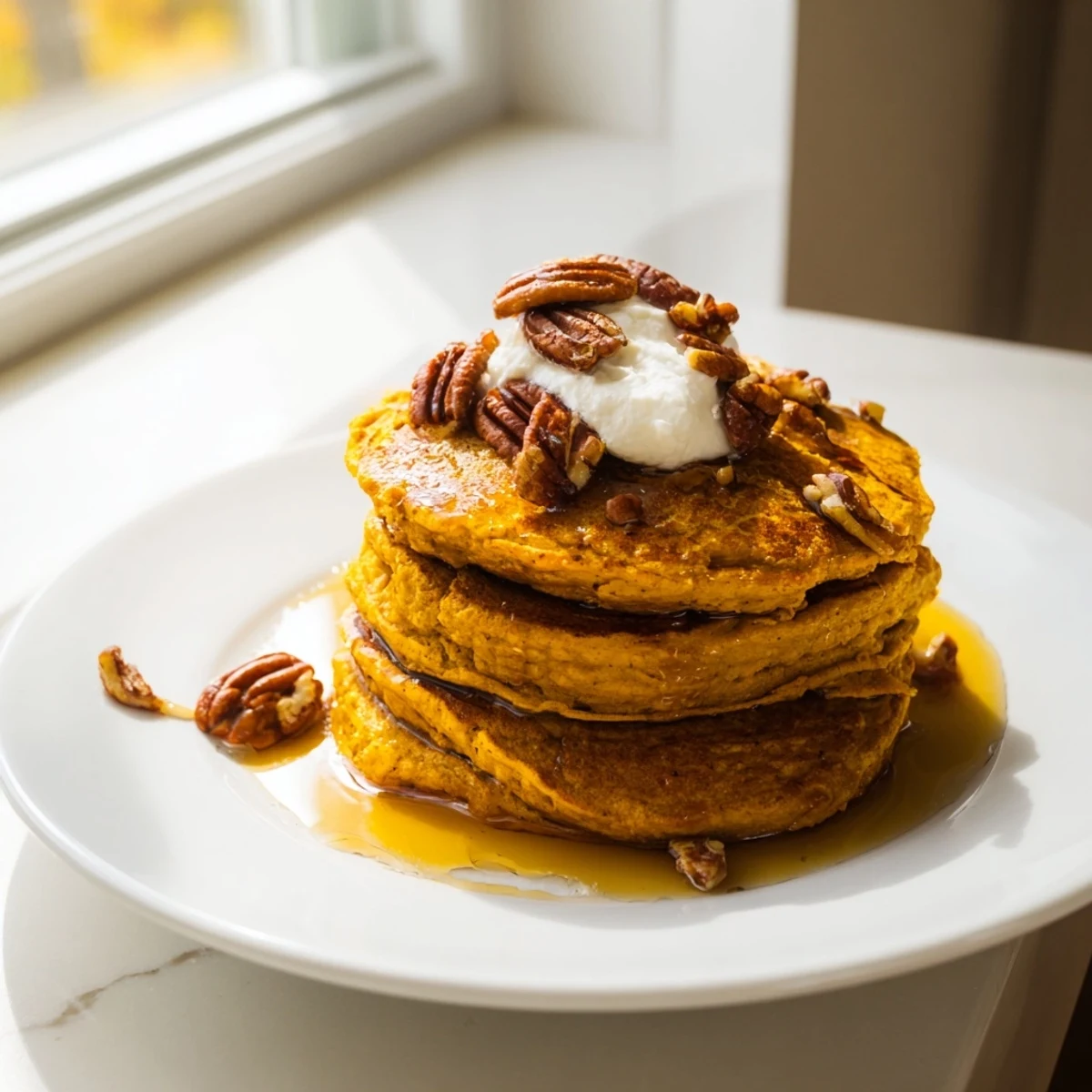 Golden-brown pumpkin spice pancakes stacked high, perfect for a warming autumn breakfast.