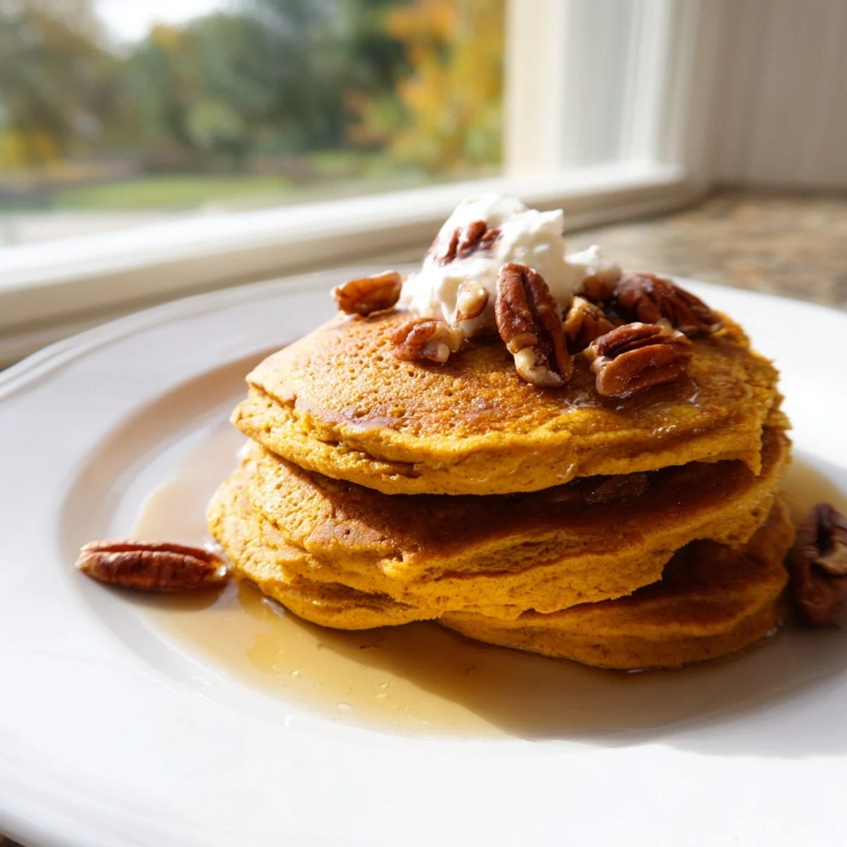 Warm and inviting photo of pumpkin spice pancakes, drizzled with syrup, a seasonal treat.
