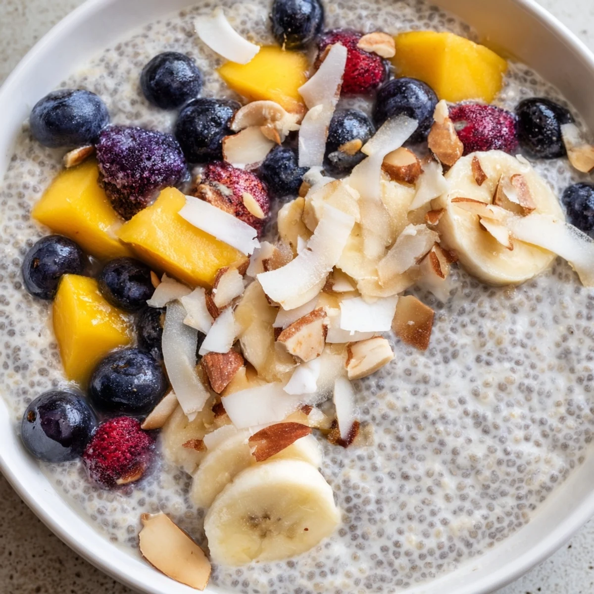 A close-up shot of creamy Chia Seed Pudding topped with colorful fresh berries.