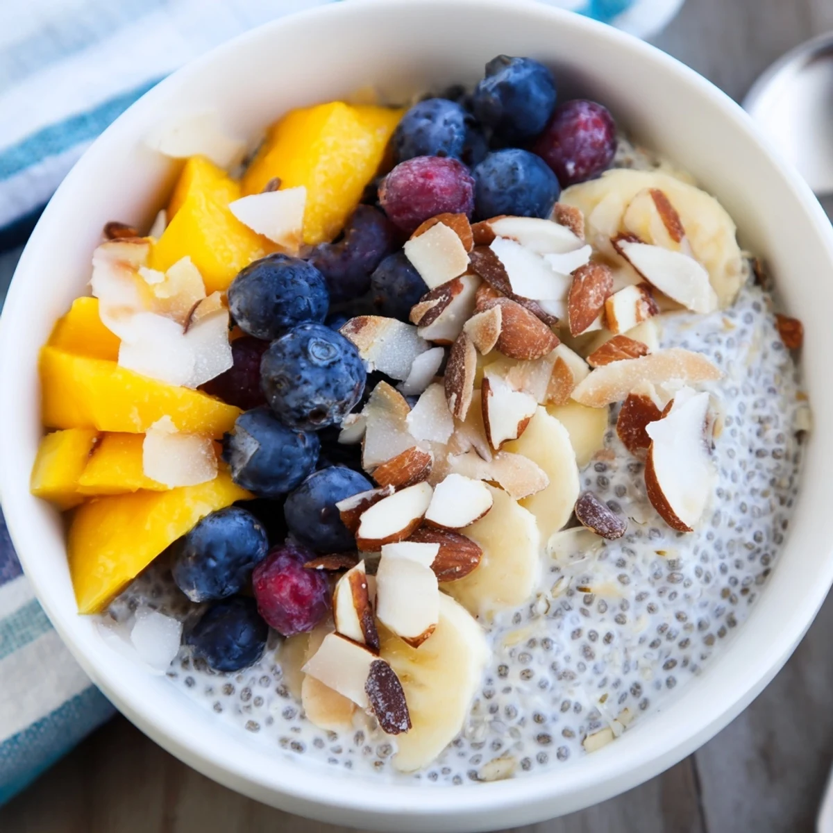 Chilled Chia Seed Pudding, a simple and healthy breakfast with optional fruit toppings.