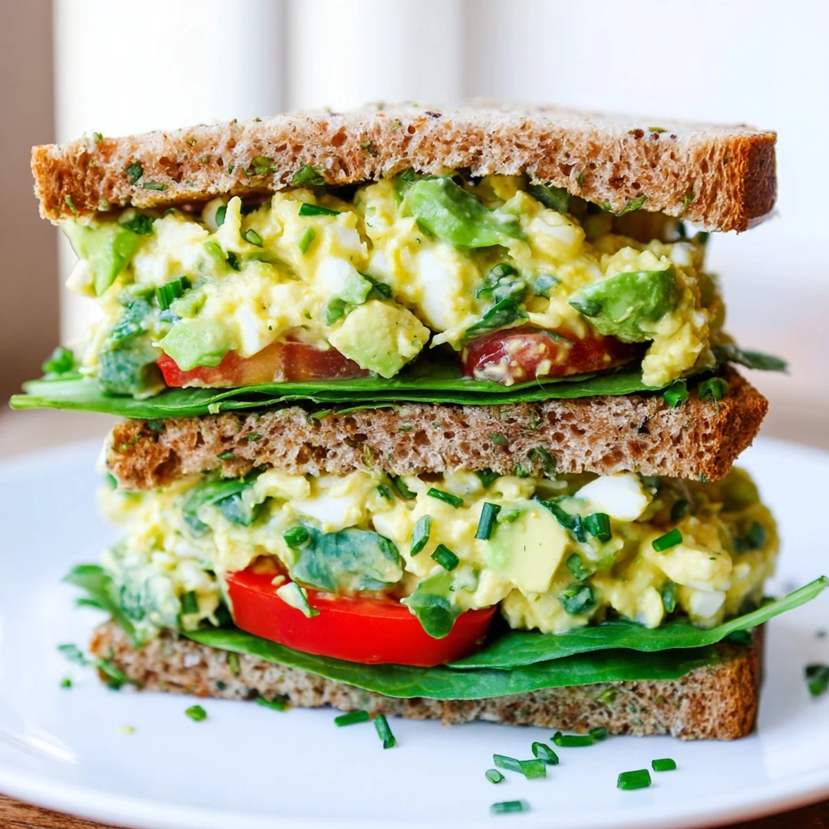 Freshly made Avocado Egg Salad Sandwich with creamy filling, chopped chives, and crisp spinach on toasted whole grain bread.  