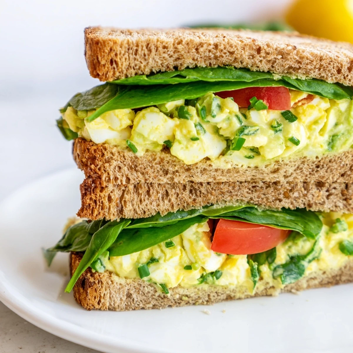 Serving suggestion for Avocado Egg Salad Sandwich: paired with sliced tomatoes and leafy greens on a rustic wooden board.