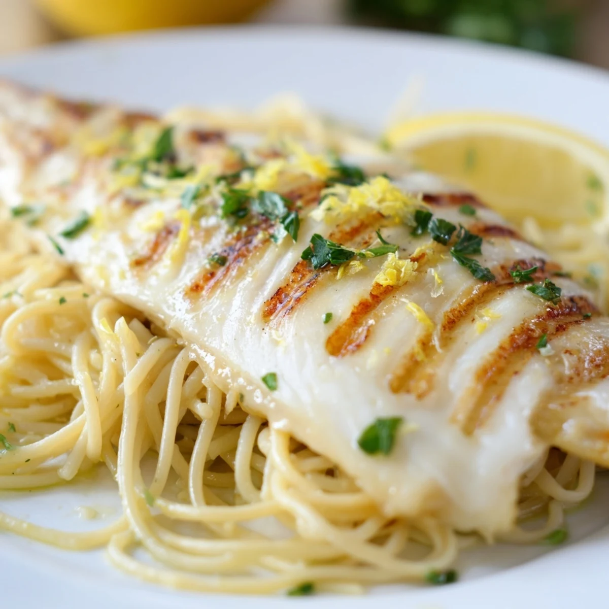 Tender grilled white fish served on a bed of zesty lemon-butter spaghetti with fresh herbs and garlic.