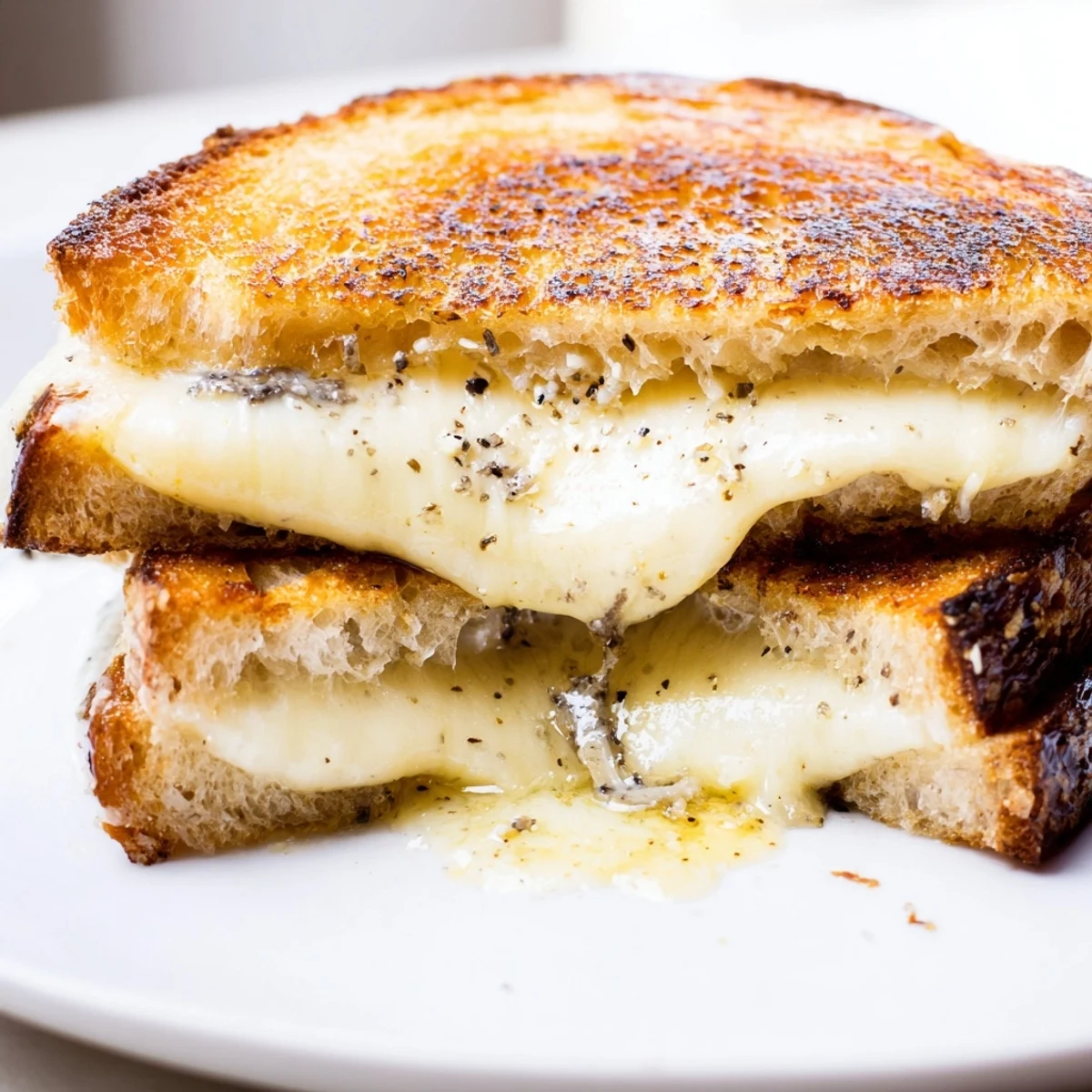 Golden brown sourdough slices encasing melted Gruyère cheese, drizzled with aromatic truffle oil for a decadent Truffle Grilled Cheese.