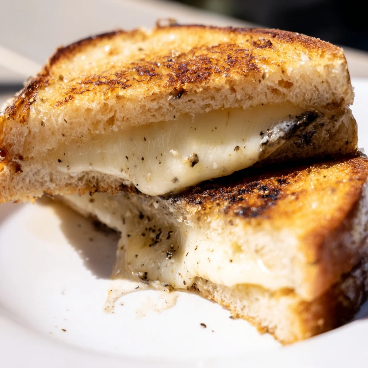 A rustic plate featuring a sliced Truffle Grilled Cheese, revealing layers of melty cheese and aromatic truffle oil.