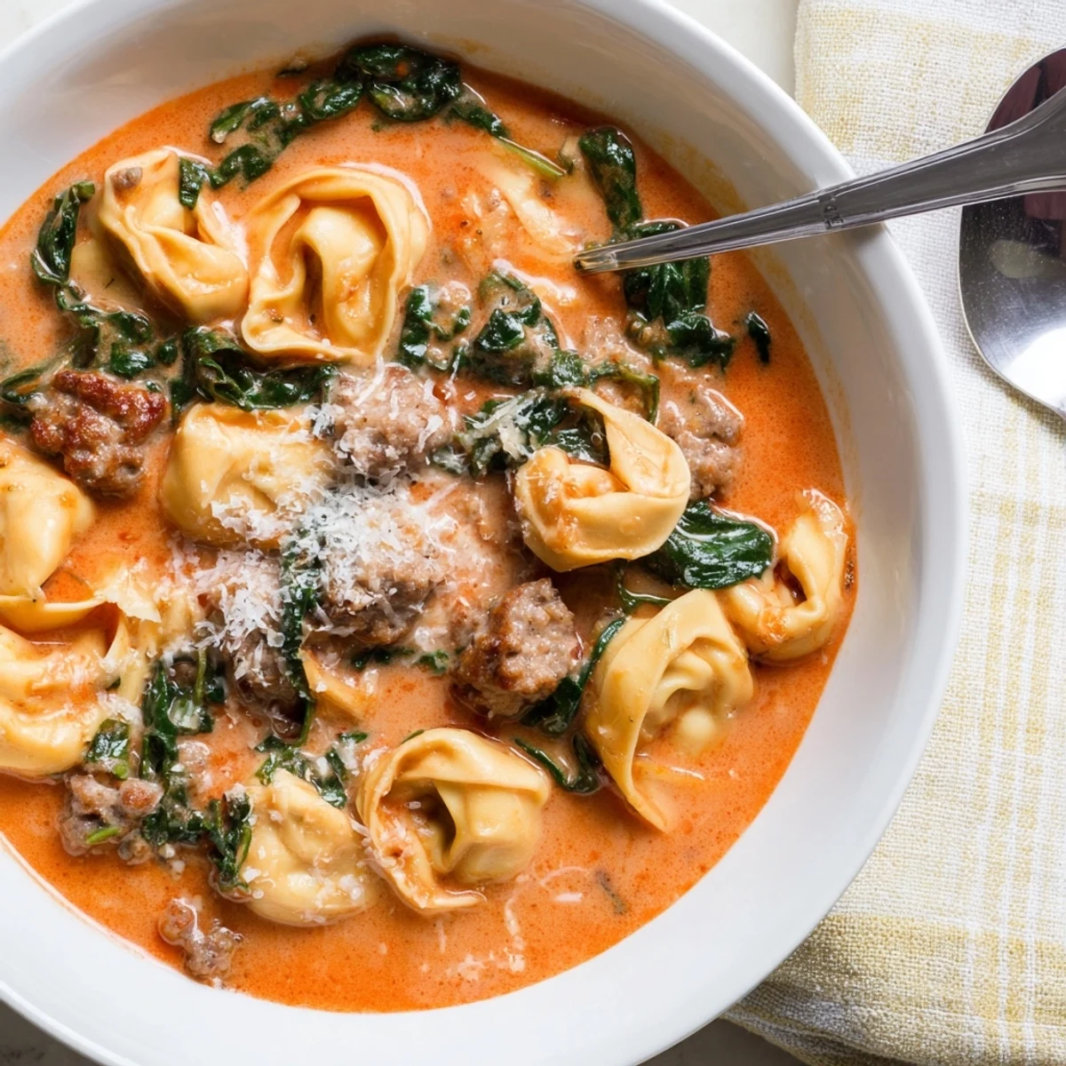 Hearty Tuscan Tortellini Soup ladled into a white bowl, garnished with Parmesan and fresh basil.