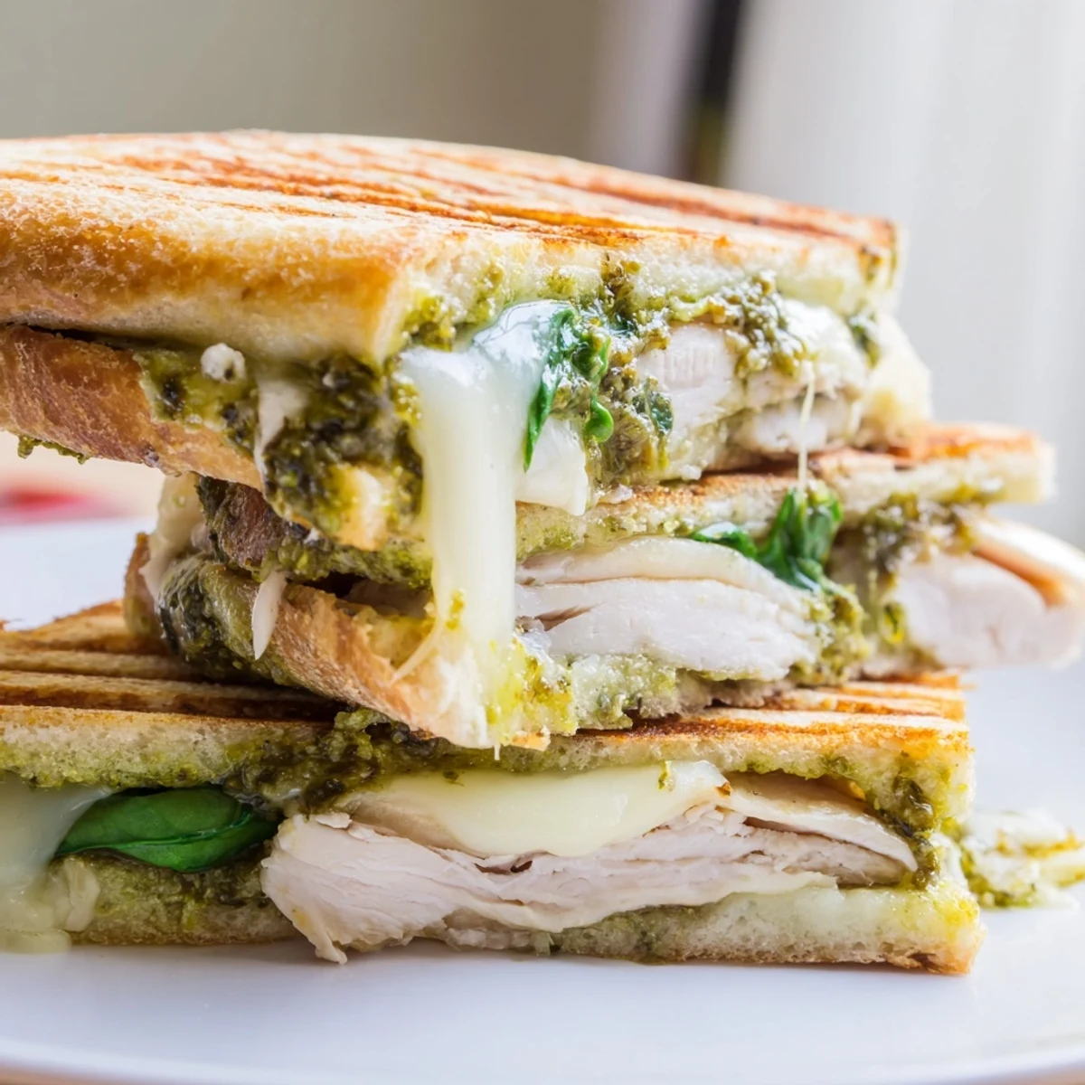 Grilled chicken and melted mozzarella stuffed inside warm, golden-brown ciabatta bread, slathered with vibrant green basil pesto.