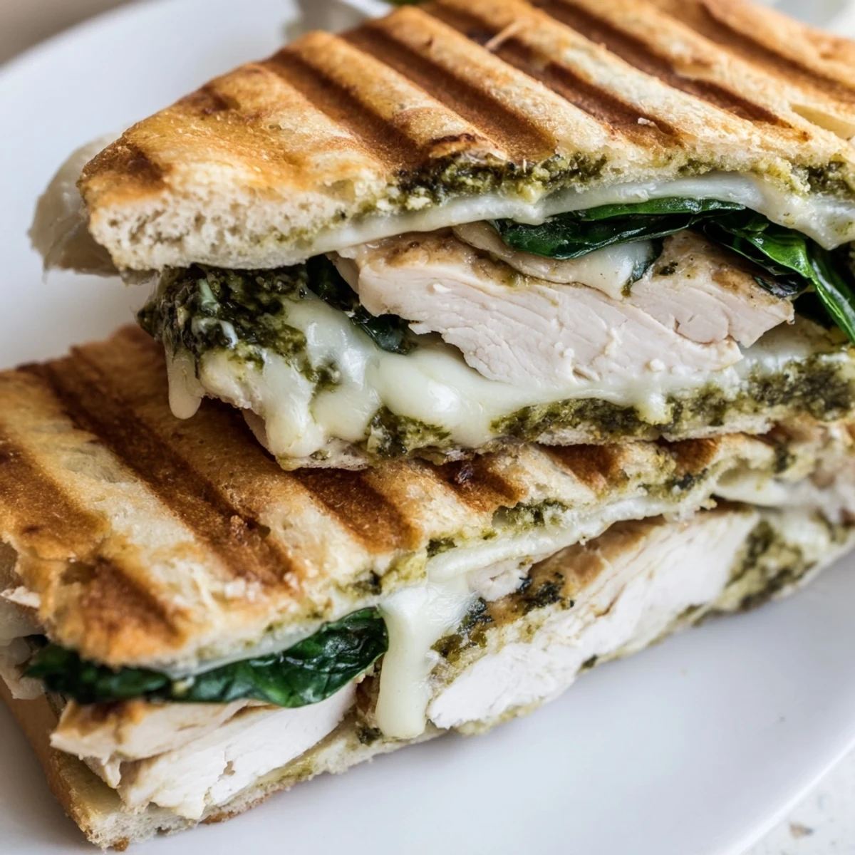 A close-up view of a halved Chicken Pesto Panini revealing juicy chicken and gooey cheese, served on a rustic board.