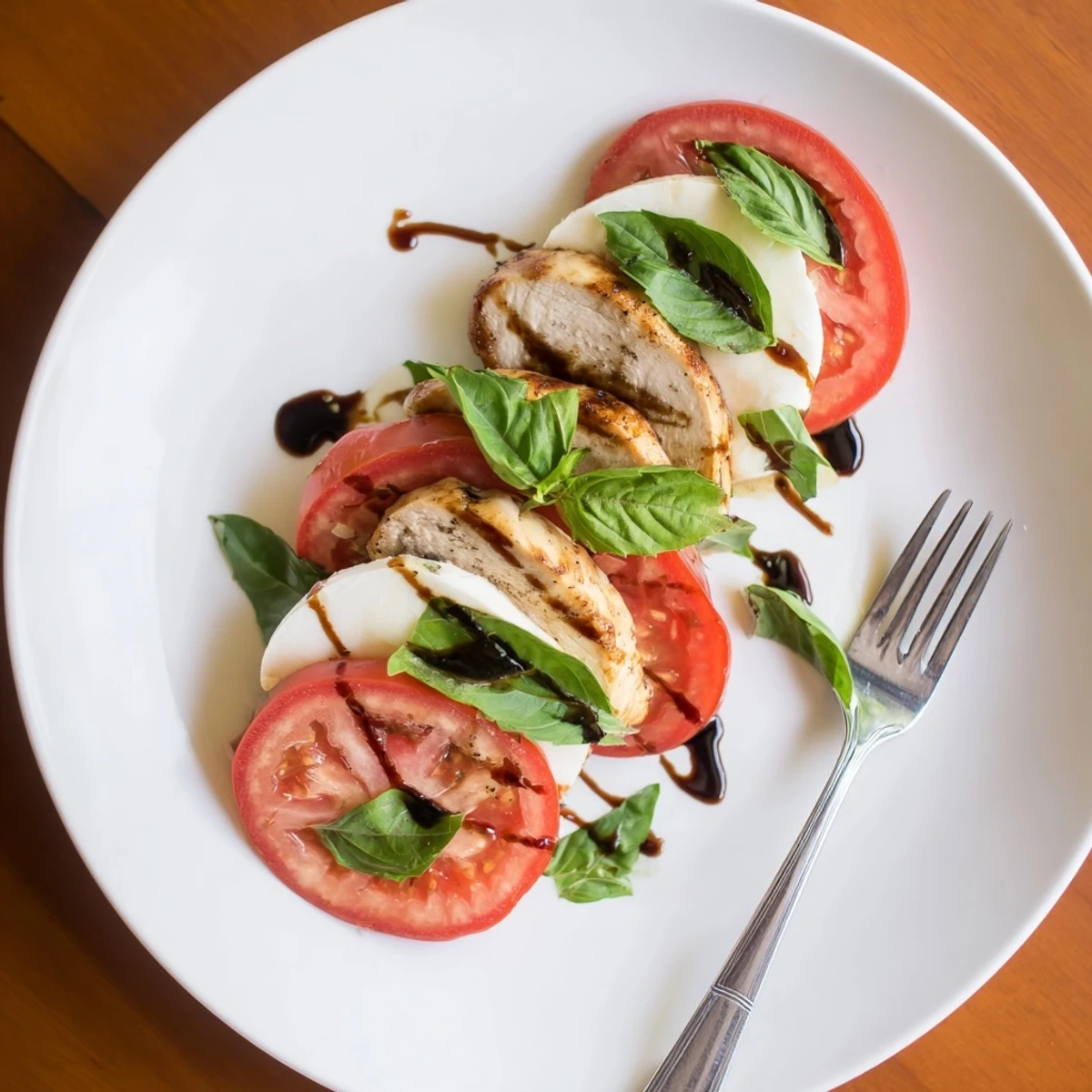 A close-up of grilled Chicken Caprese Salad on a platter, featuring juicy tomato slices, creamy mozzarella, and fresh basil leaves drizzled with balsamic glaze.  