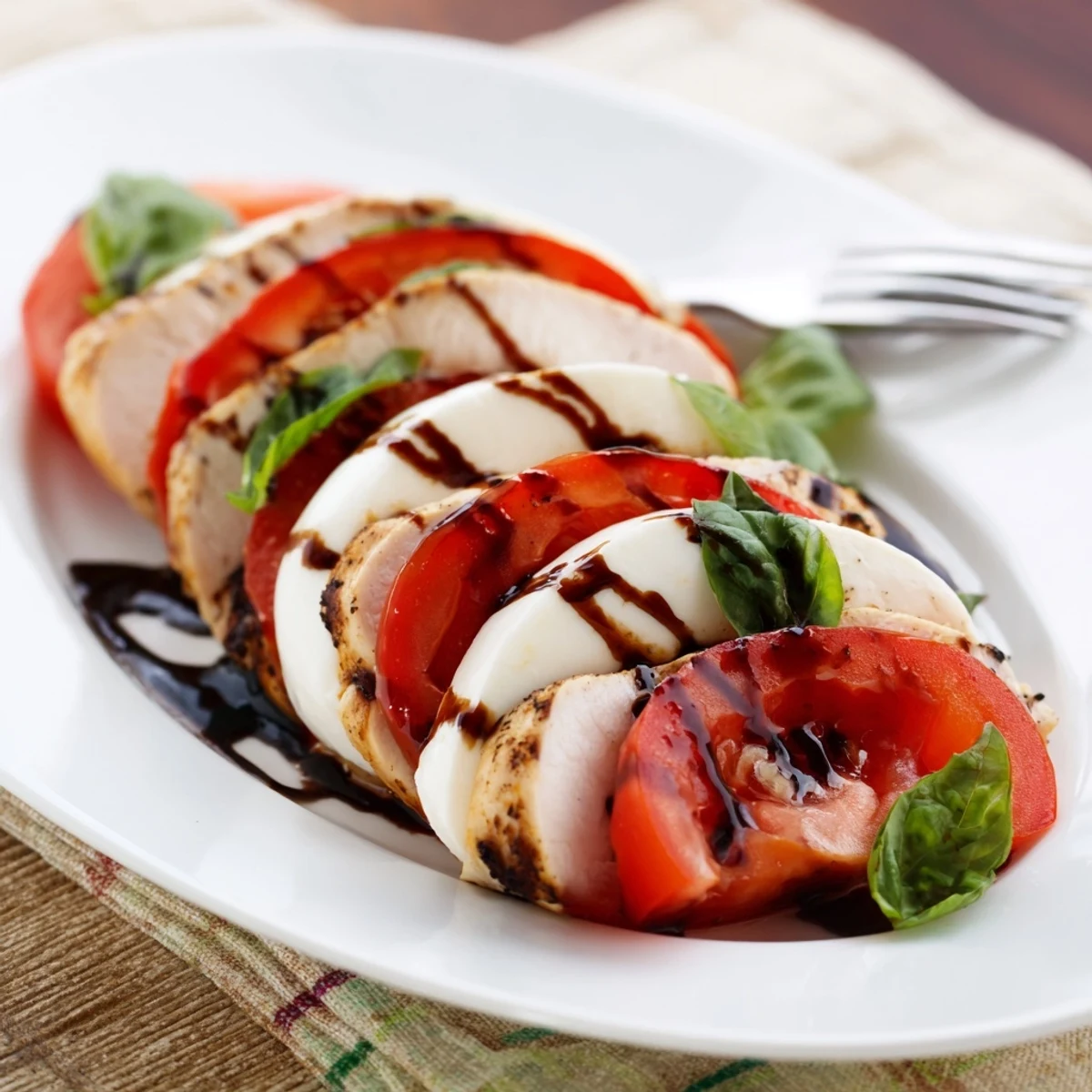 The Chicken Caprese Salad is plated on a white dish with tender sliced grilled chicken layered over vibrant mixed greens and a rich balsamic drizzle.  