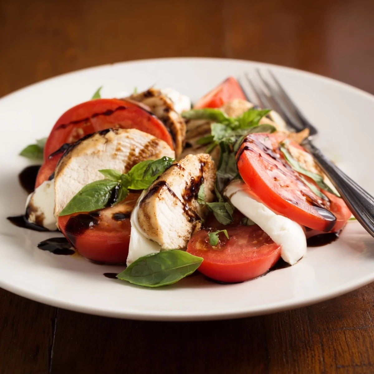 Overhead view of Chicken Caprese Salad showing grilled chicken, ripe red tomatoes, fresh mozzarella, and basil garnish, ready for a light and healthy dinner.
